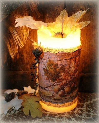 Pillar Candle Autumn Acorns and Leaves LED