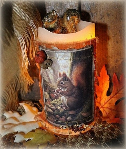 Pillar Candle Autumn Squirrel Lit