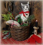 Vintage Printed Cat in Christmas Basket with Mouse