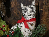 Vintage Printed Cat in Christmas Basket with Mouse
