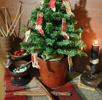 Tin Bucket Red Green Paint Tree with Coverlet Stockings Gathering