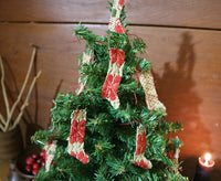 Tin Bucket Red Green Paint Tree with Coverlet Stockings Gathering