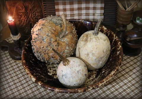 Yelloware Rockingham Glaze Milk Bowl with Pumpkin Gourds