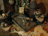 Antique Tombstone Breadboard in Paint with Dried Carrots Old Chestnut Knife and Herb Booklet