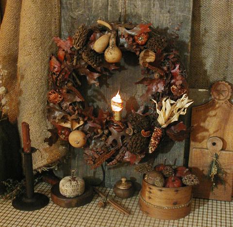 Primitive Country Autumn Wreath Lit Beautiful