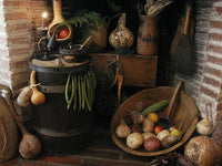 Old Primitive Barrel Gourds String Bean Garland Stoneware Milk Bowl Albany Slip