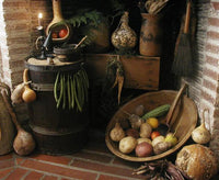 Old Primitive Barrel Gourds String Bean Garland Stoneware Milk Bowl Albany Slip