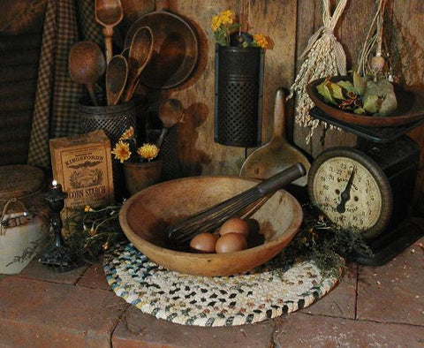 Old Bowl Wire Whisk Braided Rug and Eggs Farmhouse Gathering