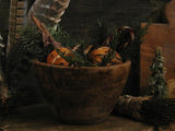 Primitive old Wooden Bowl with Cloved Oranges and Christmas Greens