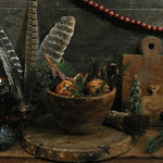 Primitive old Wooden Bowl with Cloved Oranges and Christmas Greens