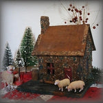 Cabin Cottage with Putz Sheep and Bottle Brush Trees Sweet