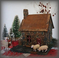 Cabin Cottage with Putz Sheep and Bottle Brush Trees Sweet