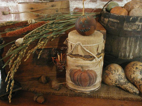 Primitive Autumn Fall Soy Jar Candle with Early Style Match Holder and Folk Art Pumpkin Cute