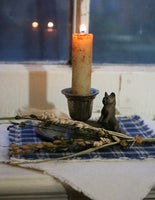 Old Candleholder Brass Cat with Homespun Candle Mat