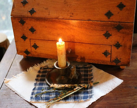 Old Candleholder Brass Cat with Homespun Candle Mat