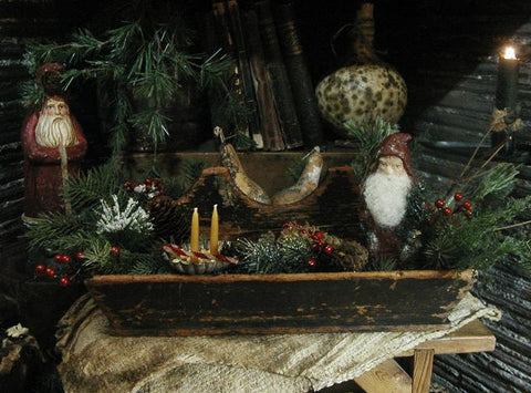 Primitive Antique Divided Carrier with Christmas Greens Chalkware Belsnickle