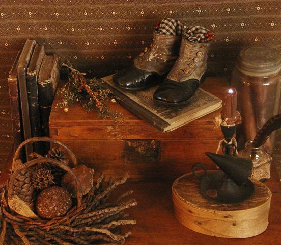 Victorian Button Up Baby Shoes and Old Modern Spelling Book with Bucolic Cover