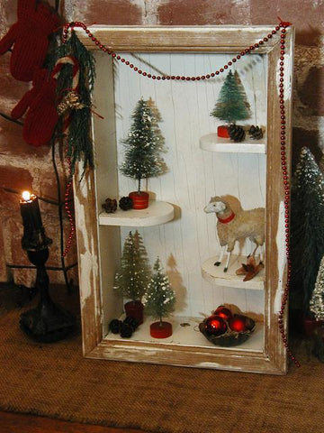 Primitive Christmas Shadow Box Putz Sheep Bottle Brush Trees Gathering Sweet