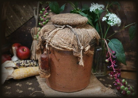 Stoneware Crock with Cheesecloth Cover and Hanging Candle