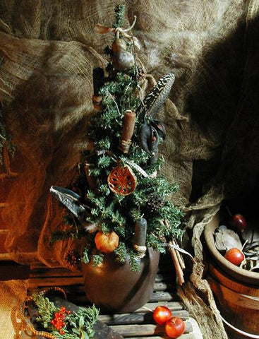 Old Stoneware Brown Crock with Unique Christmas Candle Tree Neat