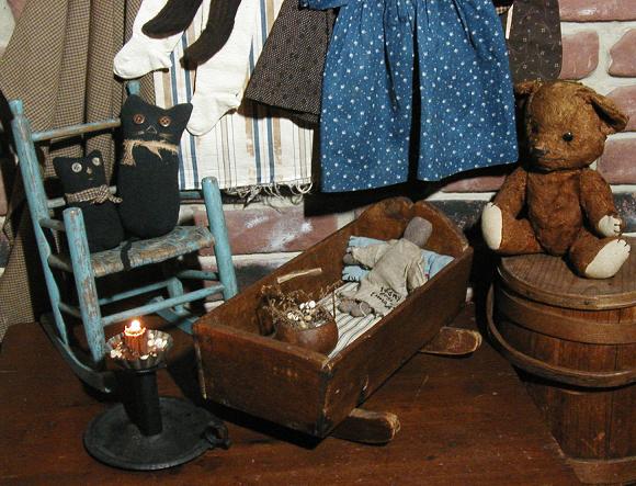 Early Folk Art Wooden Doll Bed Cradle Ticking Matress