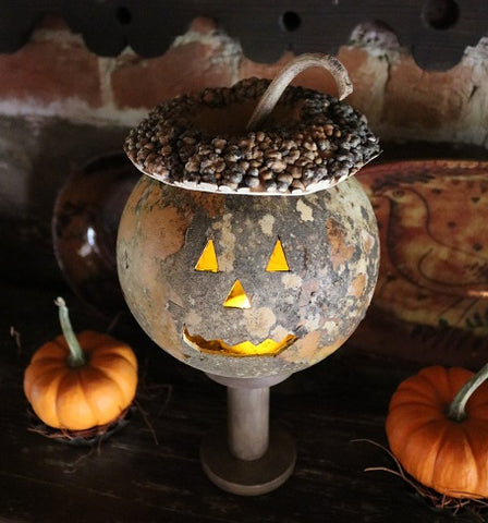 Gourd Pumpkin Jack O Lantern Bumpy Hat Hand Carved Lights Up with Stand Unique