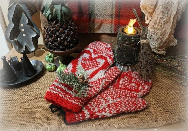 Wool Heart Mittens with Snowman Candle Winter Gathering