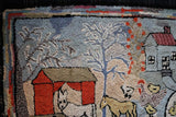 Hooked Rug Folk Art Farm Scene with Animals
