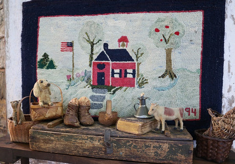Hooked Rug Schoolhouse Signed & Dated Charming