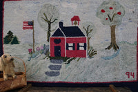 Hooked Rug Schoolhouse Signed & Dated Charming