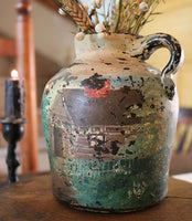 Old Stoneware Jug with Hand Painted Log Cabin Scene Neat