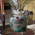 Old Stoneware Jug with Hand Painted Log Cabin Scene Neat