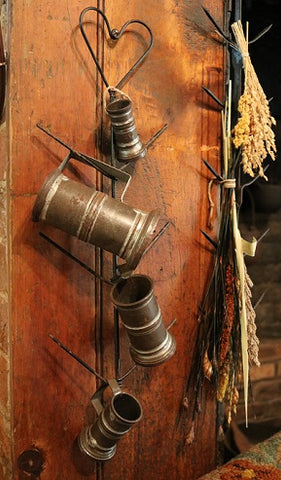 19th Century Tin Dry Measure Set and Heart Shaped Corn Dryer Neat