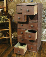 Old Primitive Tool Box Apothecary 12 Drawers in Spice Brown Paint Neat
