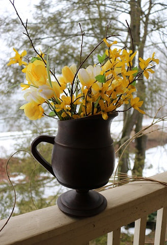 Wooden Pitcher with Forsythia and Tulips Spring Gathering