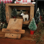Old Small Crate with Putz Sheep and Vintage Bottle Brush Trees Lit