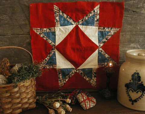Early Quilt Block Feathered Star Design Red White and Blue Stunning