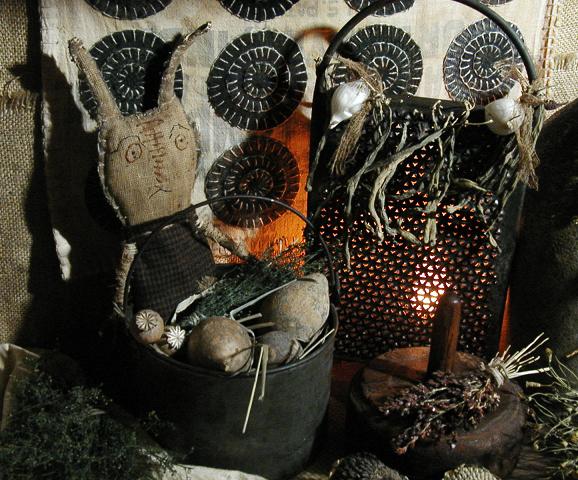 Primitive Rabbit Artisan Made Antique Tin Berry Bucket Pail with Gourd Eggs and Prairie Grass