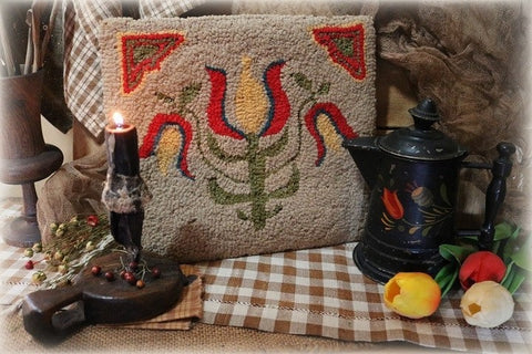 Hooked Rug and Tole Painted Coffee Pot Tulip Motif