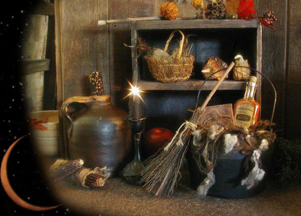 Witch Hazel Bottle Antique Cauldron with Roving Wool Witches Soap & Broom Primitive Halloween Gathering