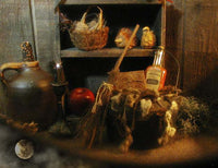 Witch Hazel Bottle Antique Cauldron with Roving Wool Witches Soap & Broom Primitive Halloween Gathering