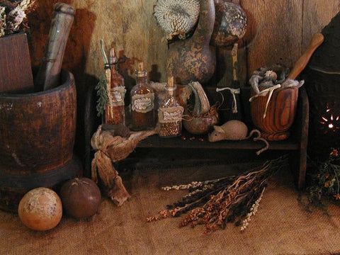Primitive Witches Apothecary Old Bottles Mortar Pestle Mouse Halloween Fun
