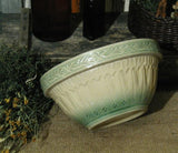 Antique Yelloware or Yellow Ware Pottery Green Cream Bowl with Vine Design